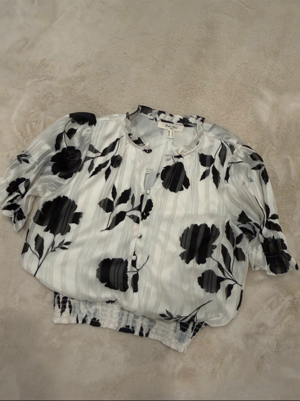 White Blouse with Black Floral Print and Tie neck